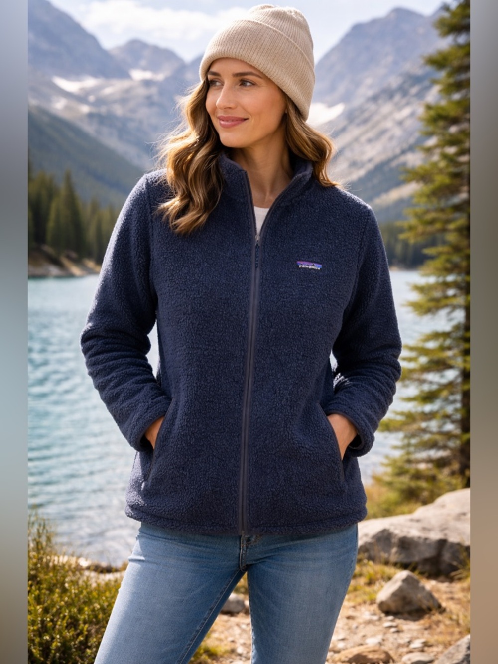 Patagonia Navy Blue Sherpa Fleece Jacket with Multicolor Logo